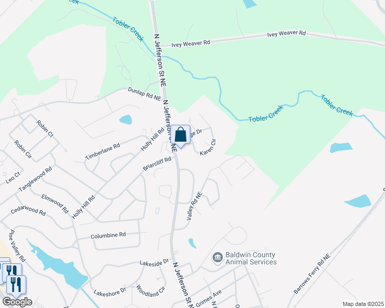 map of restaurants, bars, coffee shops, grocery stores, and more near 1917 Karen Circle in Milledgeville