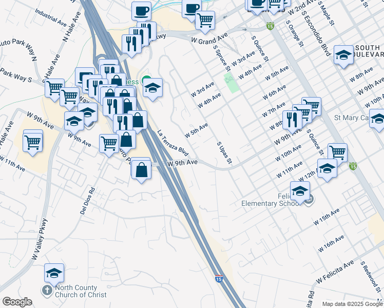 map of restaurants, bars, coffee shops, grocery stores, and more near 880 La Terraza Boulevard in Escondido