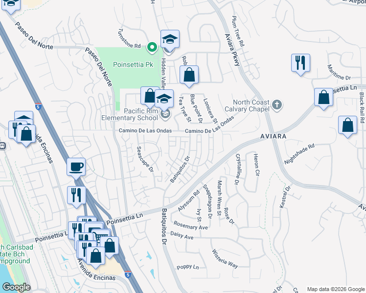 map of restaurants, bars, coffee shops, grocery stores, and more near 6838 Pear Tree Drive in Carlsbad