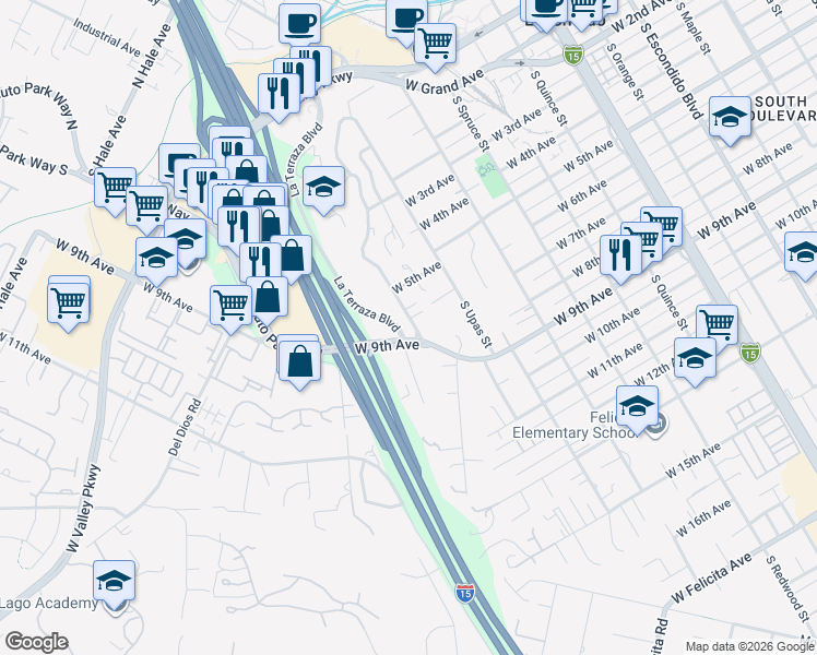 map of restaurants, bars, coffee shops, grocery stores, and more near 635 South Vine Street in Escondido
