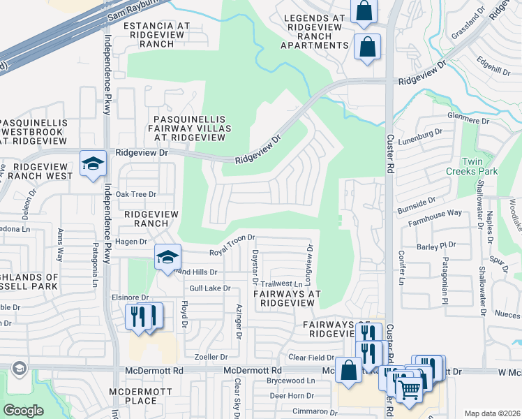 map of restaurants, bars, coffee shops, grocery stores, and more near 2529 Geiberger Drive in Plano