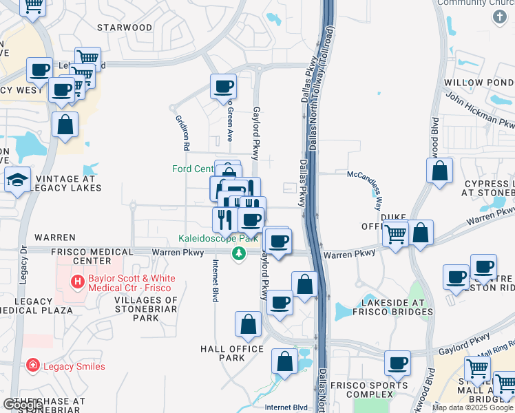 map of restaurants, bars, coffee shops, grocery stores, and more near 3800 Gaylord Parkway in Frisco