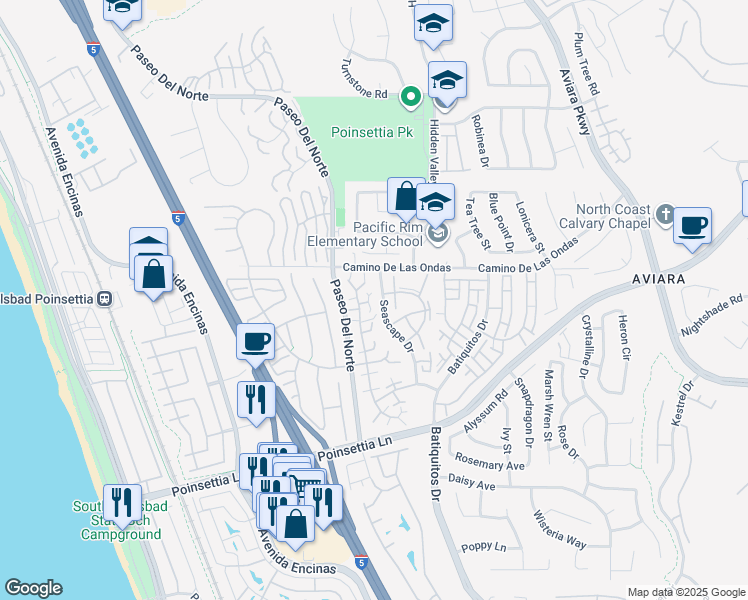 map of restaurants, bars, coffee shops, grocery stores, and more near 844 Mistletoe Lane in Carlsbad