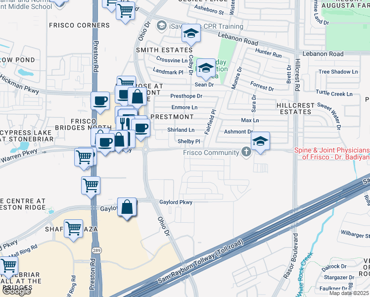 map of restaurants, bars, coffee shops, grocery stores, and more near Warren Parkway in Frisco
