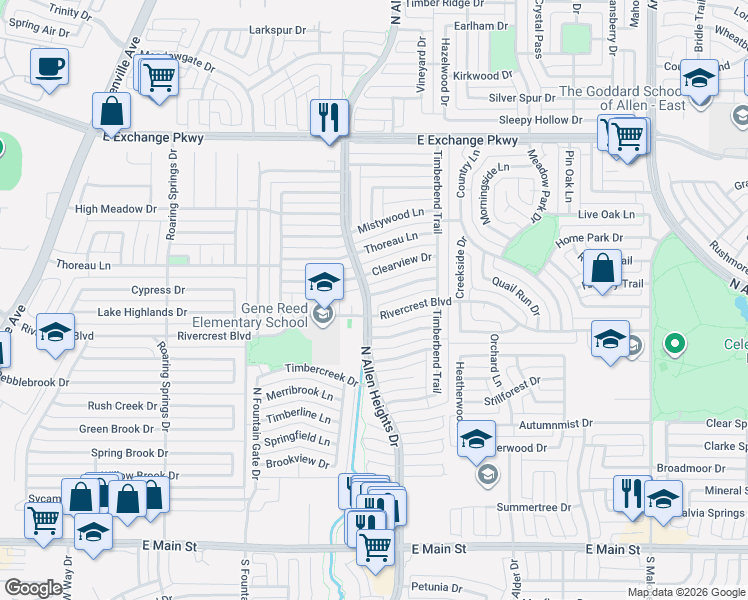 map of restaurants, bars, coffee shops, grocery stores, and more near 1303 Springview Drive in Allen