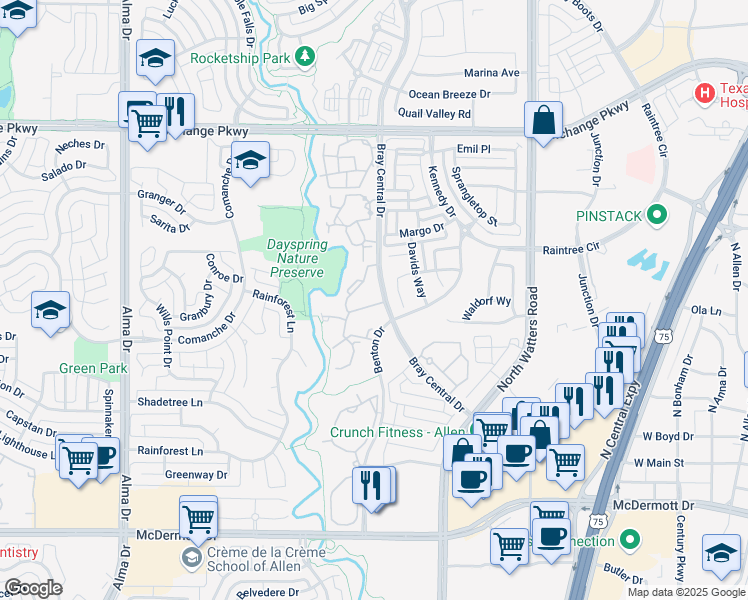 map of restaurants, bars, coffee shops, grocery stores, and more near 711 Bray Central Drive in Allen