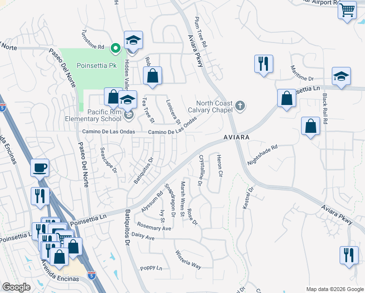 map of restaurants, bars, coffee shops, grocery stores, and more near 6773 Lonicera Street in Carlsbad