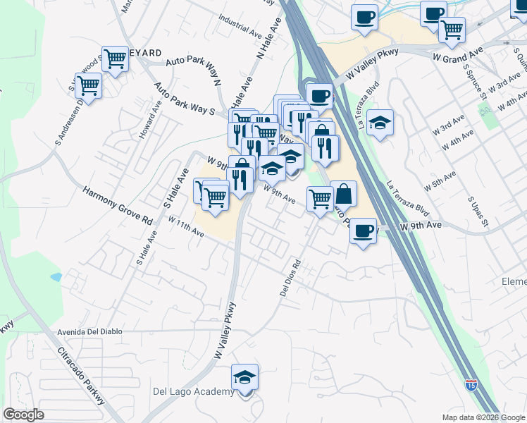 map of restaurants, bars, coffee shops, grocery stores, and more near 1461 West 9th Avenue in Escondido