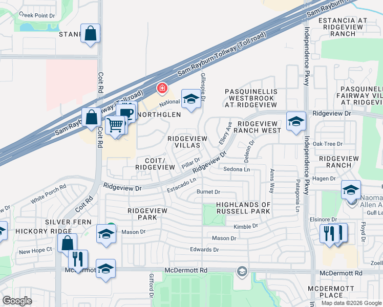 map of restaurants, bars, coffee shops, grocery stores, and more near 3413 Porter Creek Drive in Plano