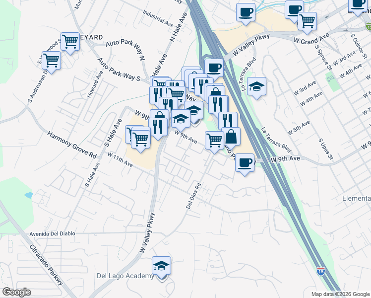 map of restaurants, bars, coffee shops, grocery stores, and more near 1361 West 9th Avenue in Escondido