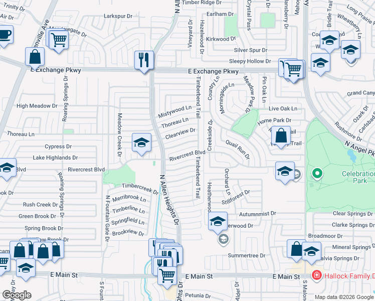 map of restaurants, bars, coffee shops, grocery stores, and more near 1317 Rivercrest Boulevard in Allen