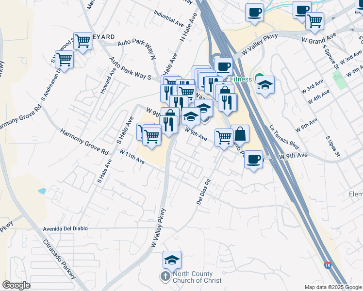 map of restaurants, bars, coffee shops, grocery stores, and more near 1461 West 9th Avenue in Escondido