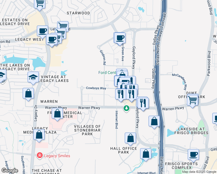 map of restaurants, bars, coffee shops, grocery stores, and more near 5 Cowboys Way in Frisco