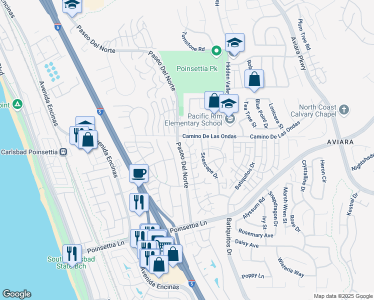 map of restaurants, bars, coffee shops, grocery stores, and more near 6825 Carnation Drive in Carlsbad