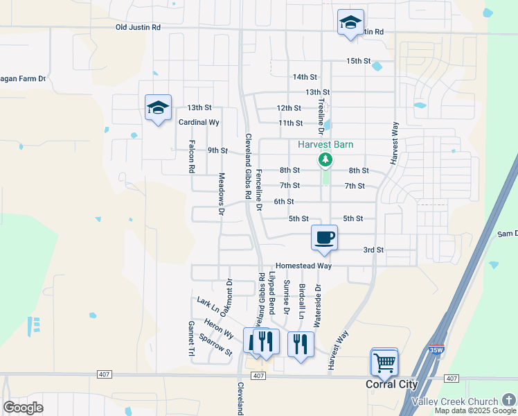 map of restaurants, bars, coffee shops, grocery stores, and more near 905 Fenceline Drive in Argyle