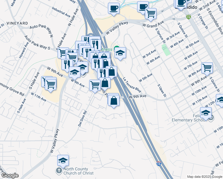 map of restaurants, bars, coffee shops, grocery stores, and more near 1200 Auto Park Way in Escondido