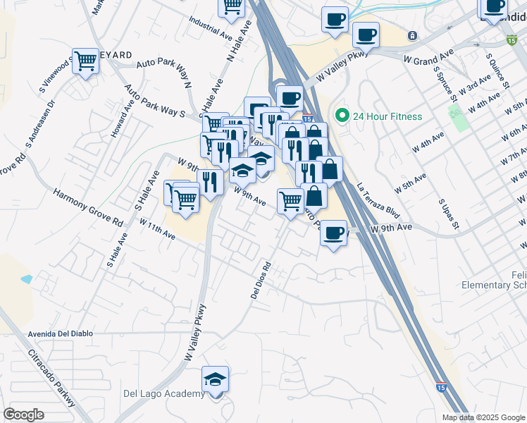 map of restaurants, bars, coffee shops, grocery stores, and more near 975 Del Dios Road in Escondido