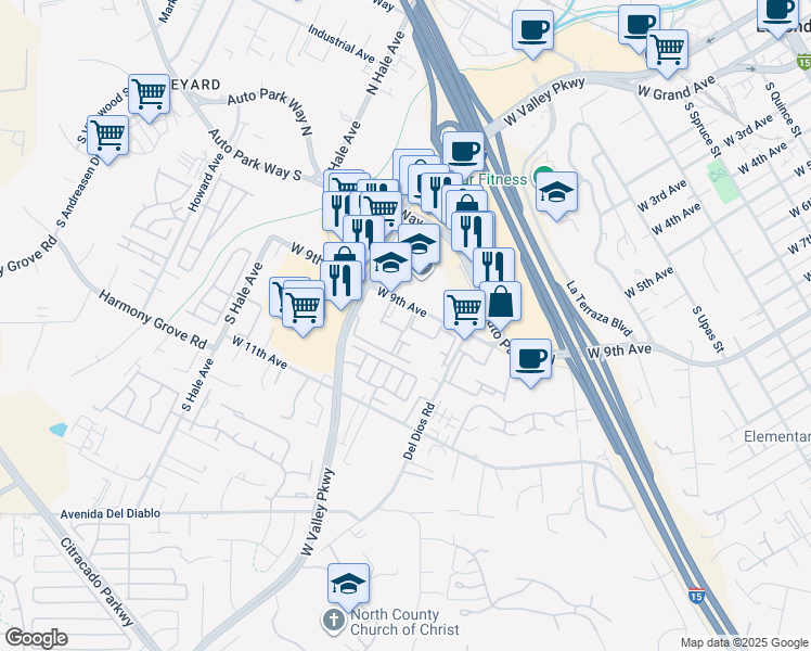 map of restaurants, bars, coffee shops, grocery stores, and more near 1407 West 9th Avenue in Escondido