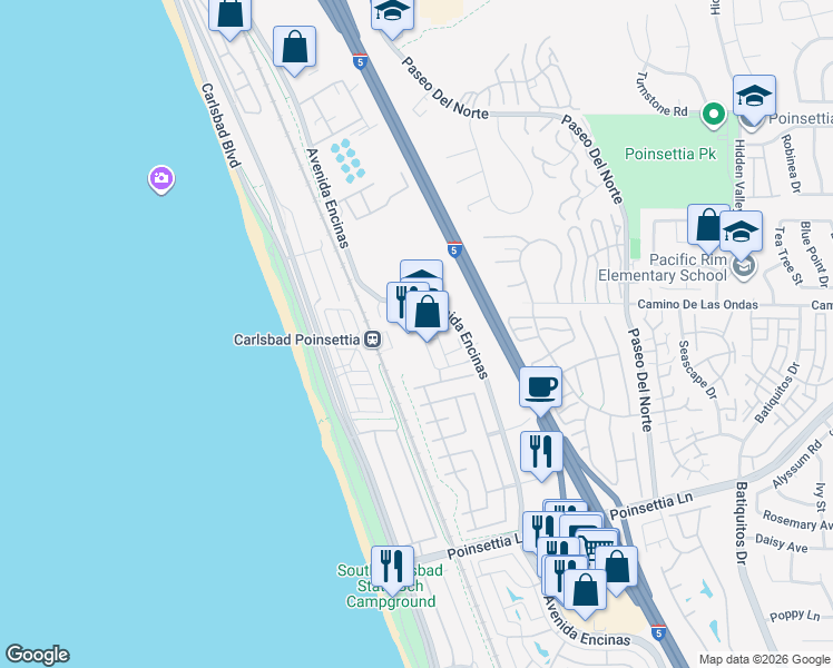 map of restaurants, bars, coffee shops, grocery stores, and more near 6804 Embarcadero Lane in Carlsbad