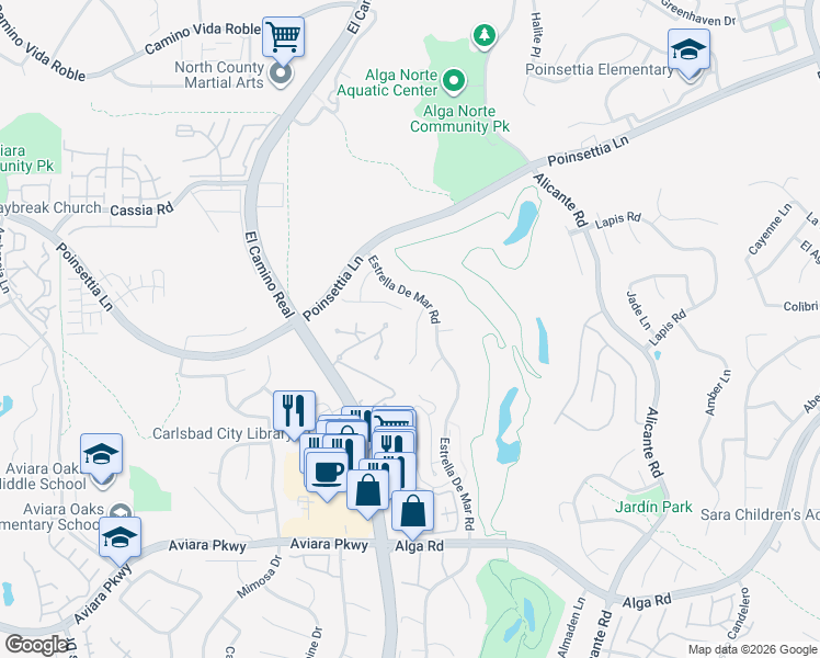 map of restaurants, bars, coffee shops, grocery stores, and more near 1980 Marcasite Place in Carlsbad