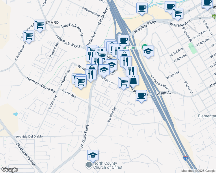 map of restaurants, bars, coffee shops, grocery stores, and more near 1407 West 9th Avenue in Escondido