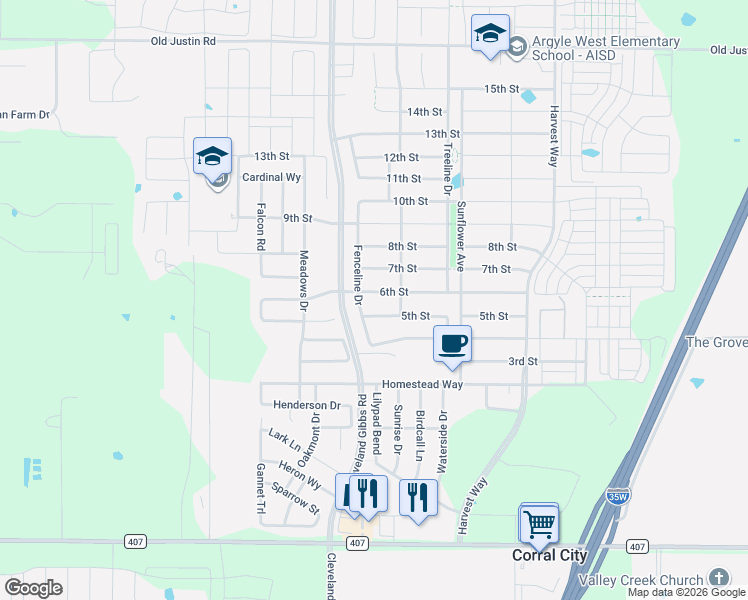 map of restaurants, bars, coffee shops, grocery stores, and more near 1505 6th Street in Argyle
