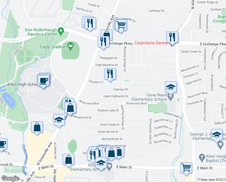 map of restaurants, bars, coffee shops, grocery stores, and more near 806 Cypress Drive in Allen
