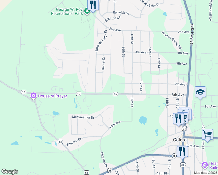 map of restaurants, bars, coffee shops, grocery stores, and more near 2156 County Road 16 in Calera