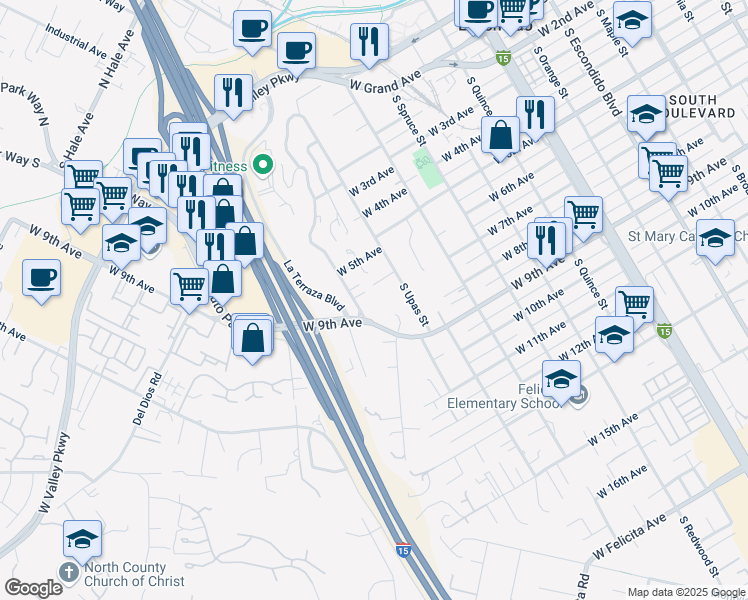 map of restaurants, bars, coffee shops, grocery stores, and more near 750 South Vine Street in Escondido