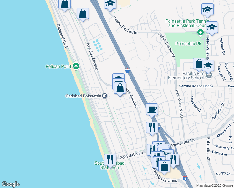 map of restaurants, bars, coffee shops, grocery stores, and more near 6808 Embarcadero Lane in Carlsbad
