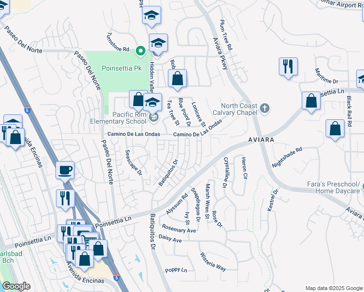 map of restaurants, bars, coffee shops, grocery stores, and more near 6827 Maple Leaf Drive in Carlsbad