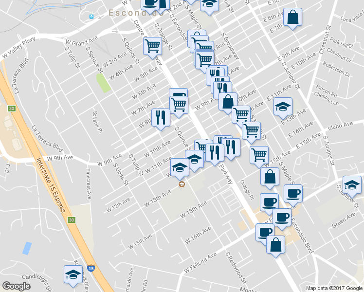 map of restaurants, bars, coffee shops, grocery stores, and more near 610 West 11th Avenue in Escondido