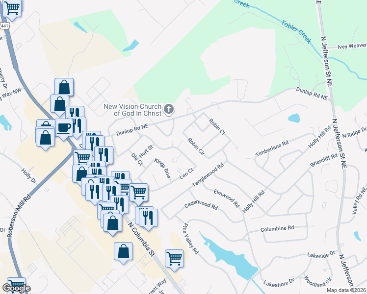 map of restaurants, bars, coffee shops, grocery stores, and more near 2281 Leo Court in Milledgeville