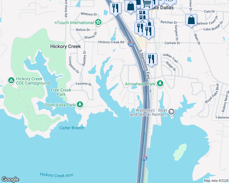 map of restaurants, bars, coffee shops, grocery stores, and more near 23 Shorehaven Ln in Lake Dallas