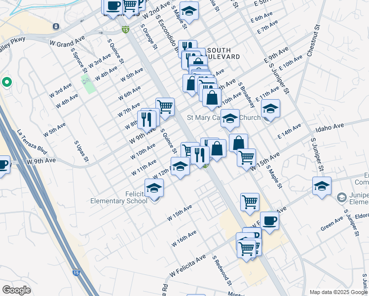 map of restaurants, bars, coffee shops, grocery stores, and more near 525 West 11th Avenue in Escondido
