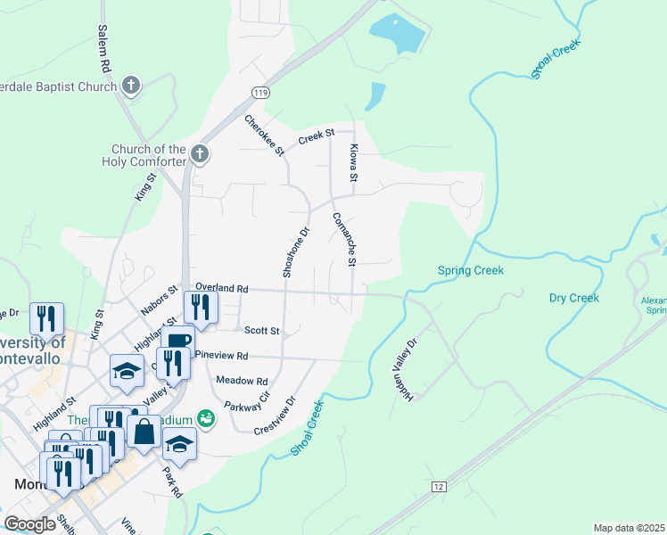 map of restaurants, bars, coffee shops, grocery stores, and more near 170 Town Lane in Montevallo