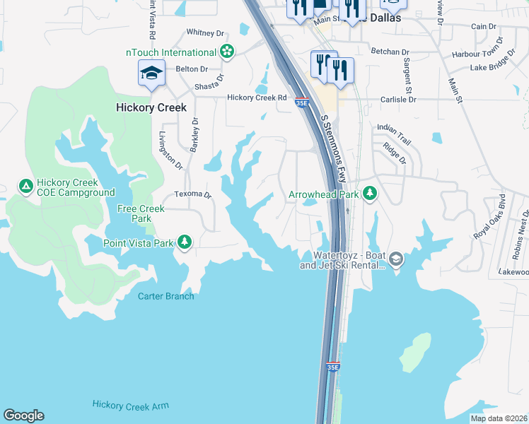 map of restaurants, bars, coffee shops, grocery stores, and more near 23 Shorehaven Lane in Lake Dallas
