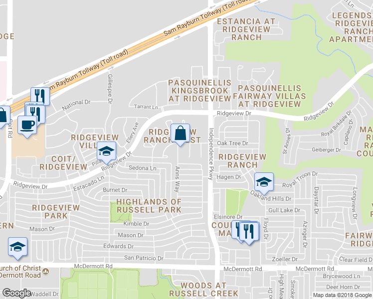 map of restaurants, bars, coffee shops, grocery stores, and more near 9621 Gold Hills Drive in Plano