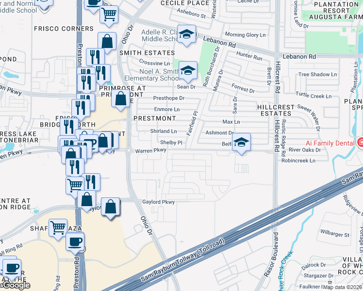 map of restaurants, bars, coffee shops, grocery stores, and more near 9809 Shelby Place in Frisco