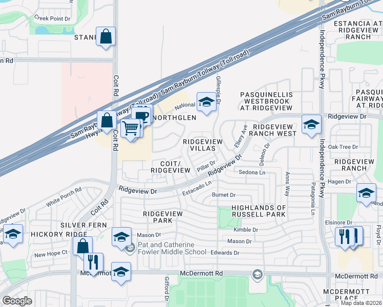map of restaurants, bars, coffee shops, grocery stores, and more near 3536 Flat Creek Drive in Plano