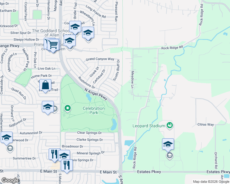 map of restaurants, bars, coffee shops, grocery stores, and more near 805 Cascades Drive in Allen