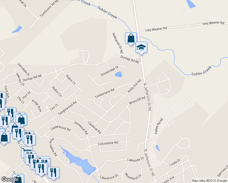 map of restaurants, bars, coffee shops, grocery stores, and more near 1881 Timberlane Road in Milledgeville