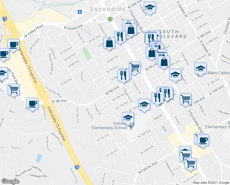 map of restaurants, bars, coffee shops, grocery stores, and more near 914 South Spruce Street in Escondido