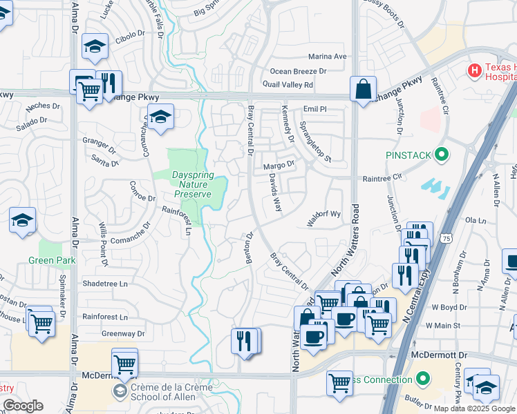 map of restaurants, bars, coffee shops, grocery stores, and more near 761 Mission Court in Allen