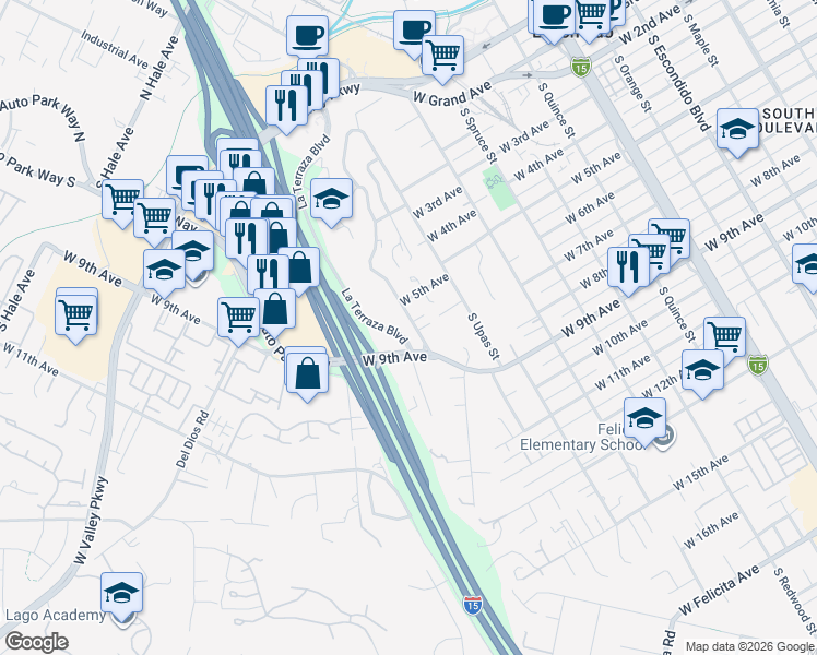 map of restaurants, bars, coffee shops, grocery stores, and more near 635 South Vine Street in Escondido