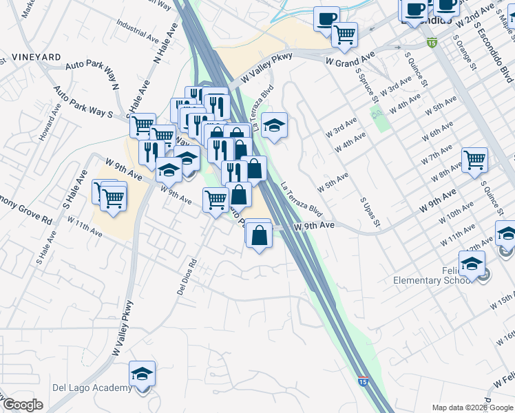 map of restaurants, bars, coffee shops, grocery stores, and more near 1200 Auto Park Way in Escondido