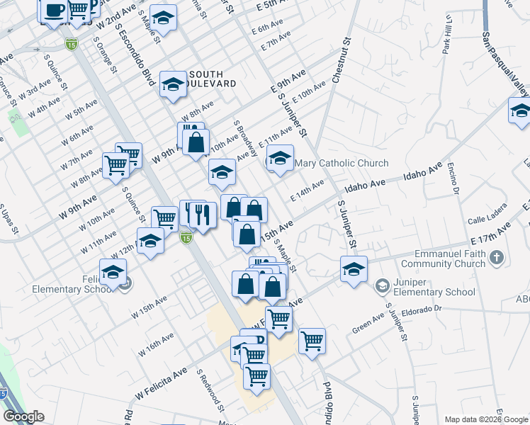 map of restaurants, bars, coffee shops, grocery stores, and more near 1351 South Maple Street in Escondido