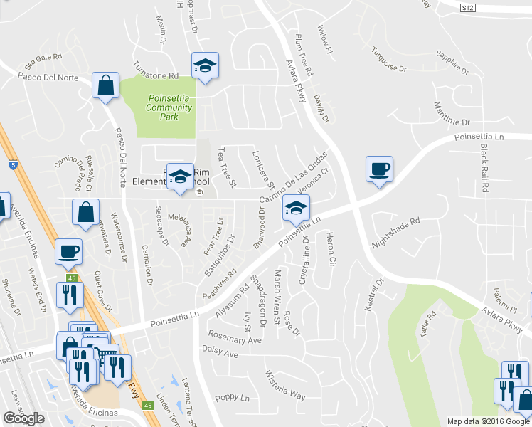 map of restaurants, bars, coffee shops, grocery stores, and more near 6821 Briarwood Drive in Carlsbad