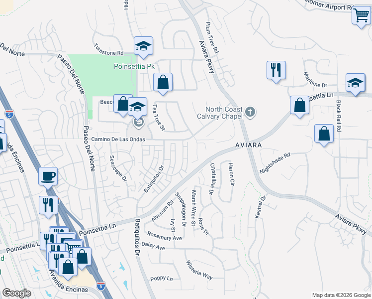 map of restaurants, bars, coffee shops, grocery stores, and more near 6821 Briarwood Drive in Carlsbad