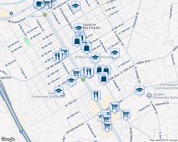 map of restaurants, bars, coffee shops, grocery stores, and more near 1222 South Orange Street in Escondido